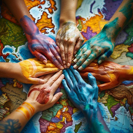 Painted hands joined together over a world map — many hands, one reach